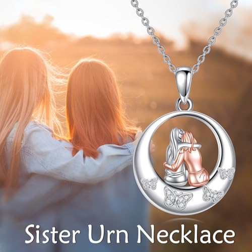 VONALA Sister 925 Sterling Silver Urn Necklace Butterfly Cremation Memorial Keepsake Pendant Jewelry for Women