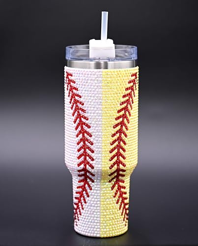 Baseball Softball 40 Oz Rhinestone Bling Tumbler Cup Handle Straw