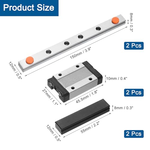 sourcing map 2pcs MGN12 150mm Linear Guide Rail with 2pcs MGN12H Sliding Carriage Block Bearing Steel and 2pcs Plastic Mini MGN12 Linear Guide for DIY 3D Printers and CNC Machine, Black