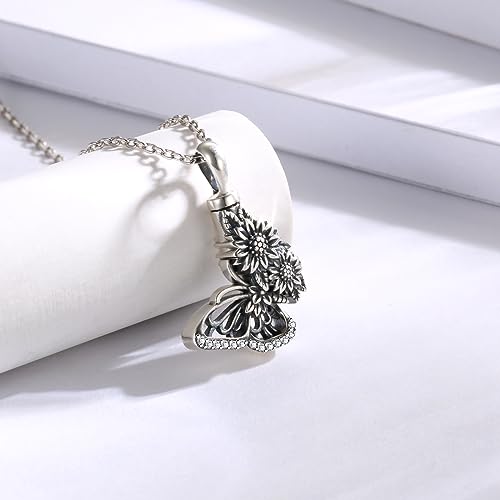 APOTIE Silver Butterfly Sunflower Urn Necklace - S925 Butterfly Ashes Keepsake Cremation Jewelry Memorial Gifts for Women Loss Loved One