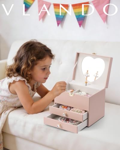 VLANDO 3 Layer Musical Jewelry Box for Girls, 2 Large Drawers Storage Pink