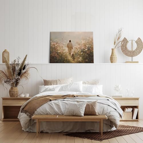 Jesus Leaves the 99 Sheep Wall Art The Lost Sheep Bible Stories Painting picture Wall Decor religion Christian Wildflowers Poster Print Artwork for Church LDS bedroom Living Home Decor 8x10 in Canvas Jesus05 8"L x 10"W