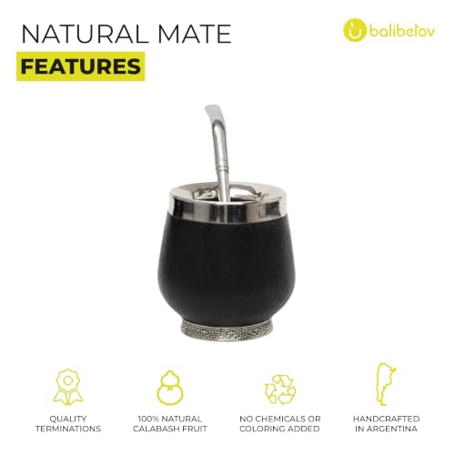 BALIBETOV 3 fl oz Yerba Mate Gourd – Mate Cup, Bombilla & Cleaning Brush – Carob Wood – Handmade – German Silver Details – Authentic Traditional Mate Experience
