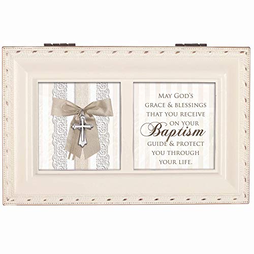 Cottage Garden May God's Grace Blessings Baptism Ivory Goldtone Trim Petite Jewelry Music Box Plays Jesus Loves Me