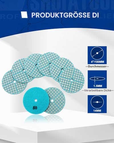 SHDIATOOL Diamond Sanding Pads 50-8 Pieces Dry Polishing Discs 100 mm for Granite Marble Quartz Artificial Stone Suitable for Angle Grinders G50