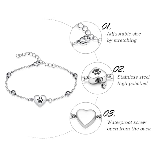 Paw Print Heart Urn Bracelet for Ashes Adjustable Stainless Steel Cremation Jewelry Memorial Keepsake Bracelet for Pets Ashes Dog Cat A-Silver