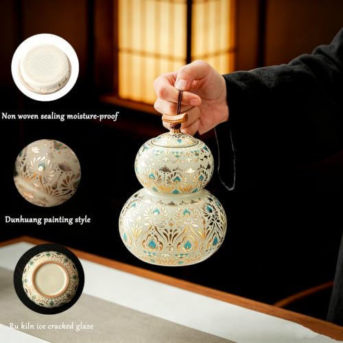 Gold White Porcelain Tea Canister, Gourd-Shaped, Airtight, 22 oz Gold White
