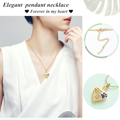 Urn Necklace for Ashes Personalized Urn Pendant Heart Necklace Pets Paw Print Keepsake Waterproof Memorial Gifts for Dogs Gold-Blue