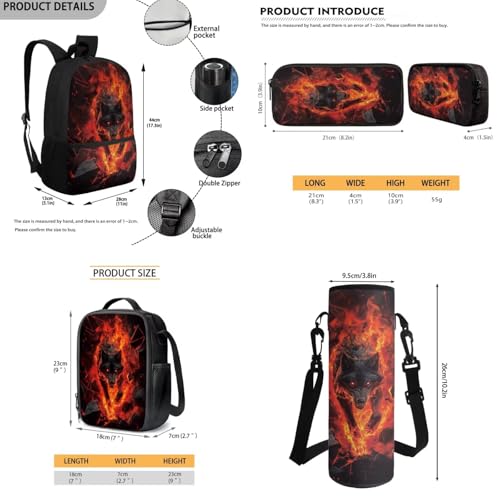 JEOCODY Kids Backpack Set 4 Piece School Bag with Lunch Bag Pencil Case Water Bottle Holder for Boys and Girls Cool Fire Wolf Printedd