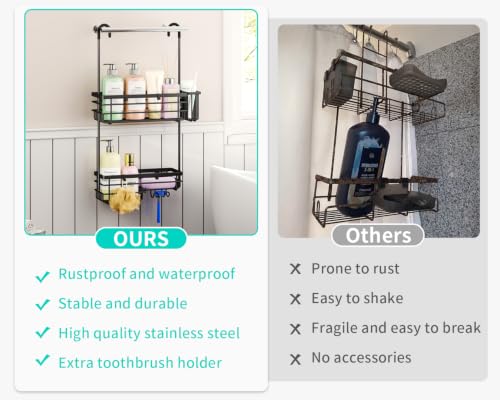 HapiRm Hanging Shower Caddy – For Renters & Small Bathrooms, Fits Shower Curtain Rods, No Drilling, 2 Rustproof 304 Shelves, 4 Hooks, and a Detachable Toothbrush Holder You Can Rinse - Black