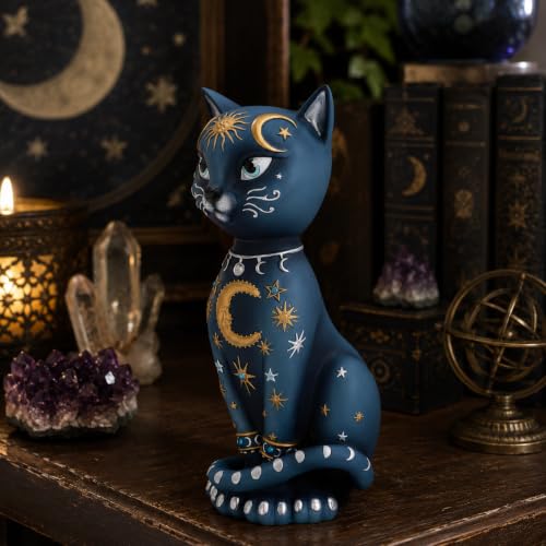 Celestial Kitty Spiritual Cat Figurine – Moon & Stars Ornament 26cm Blue