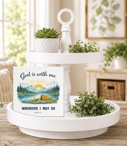 Christian Bible Verse Desk Decor, Farmhouse "God Is With Me" Josh. 1:9 Wooden Sign, Scripture Table Decor for Women Men Home Office Shelf Living Room Religious Gifts 5×5Inch Christian_01