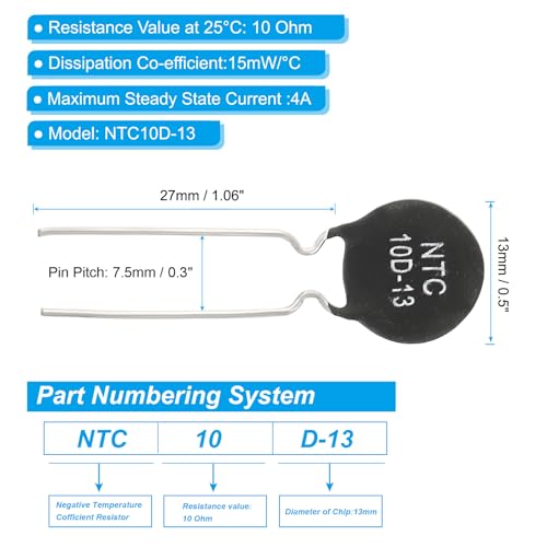 PATIKIL NTC Thermistors Resistors 10 Ohm NTC10D-13 Black Pack of 10 | Highly sensitive current limiter temperature sensor for measuring temperature