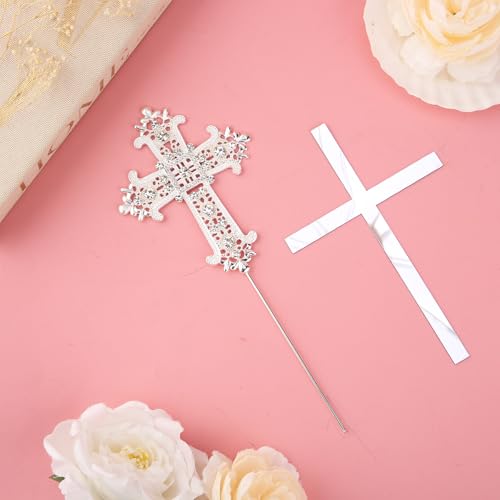 Cross Cake Topper - 2PCS Baptism Cake Topper with Rhinestone and Acrylic Designs, Glitter Cross Religious God Bless Cakes, Christening Decorations for Birthday Baby Shower Crossing Toppers Sliver