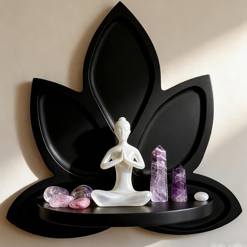 Small Black Carved Lotus Flower Wooden Floating Wall Shelf, Boho Zen Spiritual Home Decor for Yoga & Meditation Space