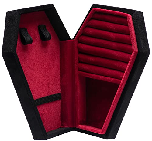 Velvet Coffin Jewelry Travel Case Holder for Gothic Wedding Ceremony Jewelry Organizer Decoration (Black and Red) Black and Red