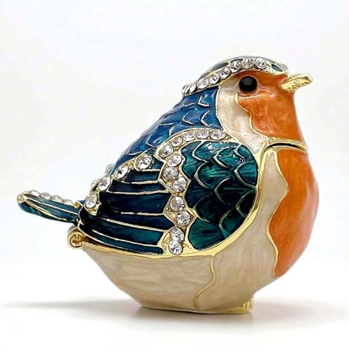 Decorative jewelry box featuring a robin bird design, hinged lid, perfect for gift-giving and storing small jewelry items.