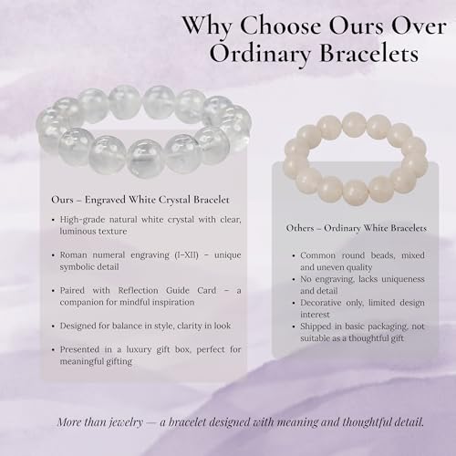 Healing Crystal Bracelet, Natural Gemstone Beaded Bracelet for Emotional Balance, Energy Healing, Harmony & Manifestation, Gift Jewelry White Phantom Quartz (Roman Numeral Engraved) M(adjustable for wrist size 6-7")