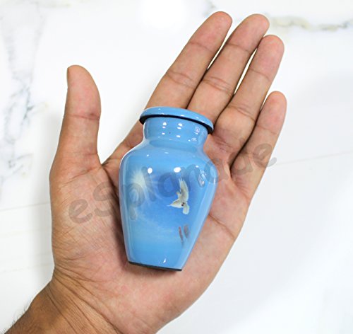 Esplanade Metal Mini Cremation Urn Keepsake Memorial Jar Pot Container |Small Urn for Funeral Ashes Burial | White Pigeon Printed Keepsake | Blue - 3" Inches