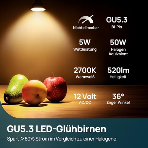 Linkind GU5.3 MR16 LED 5W Lamp 12 V, 50 Watt Replaced, 2700 K Warm White 36° Beam Angle LED Spot MR16, 520 Lm AC/DC 12 Volt Bulb, Not Dimmable, Pack of 5 Non-dimmable, 2700k, Warm White 5 count