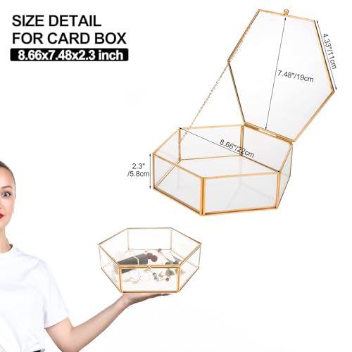 Large Glass Vintage Jewelry Box, Gold Hexagonal Jewelry Display Organizer Large - 8.7x7.5x2.4 inch