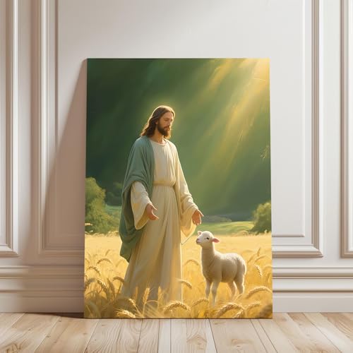Jesus and Lamb Canvas Wall Art Christian Religious Painting Print 12x16 in Green 12"L x 16"W