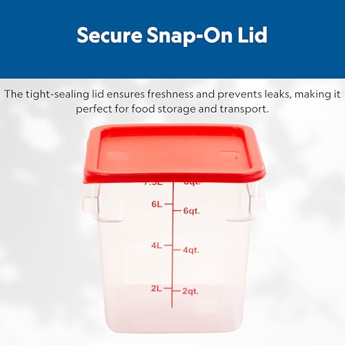 FSE Square Food Storage Container with Red Lid, 8 Quart, Polycarbonate, Reusable, Clear, NSF 8 Qt. Container w/Lid