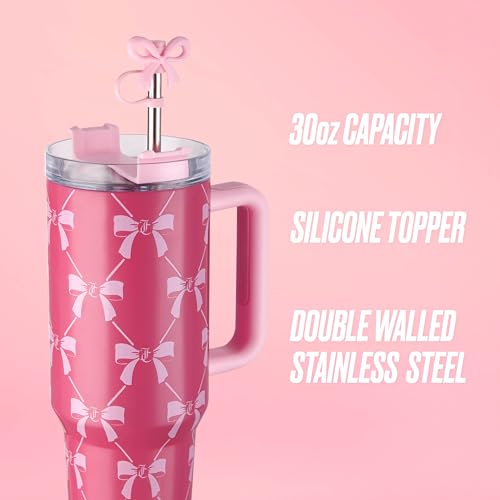 Juicy Couture Jetsetter 40oz Tumbler with Handle and Straw Topper, Pink Bows Pink Bow Trellis 40 Ounces