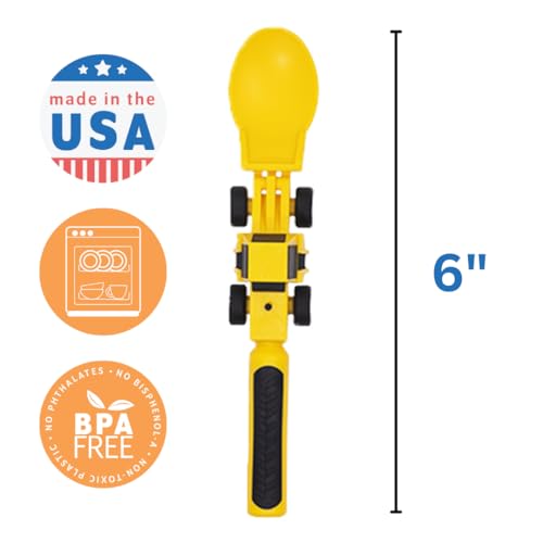 Constructive Eating - Toddler Construction Utensils Made in USA - Silverware for Toddlers - Utensils for Kids - Constructive Eating Utensil Set Yellow Construction