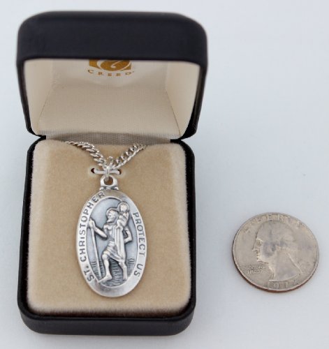 Fine Oxidized Silver Tone St Christopher 1-3/8-inch Medal on 24-inch genuine rhodium-plated chain with Gift Box (SO8747)