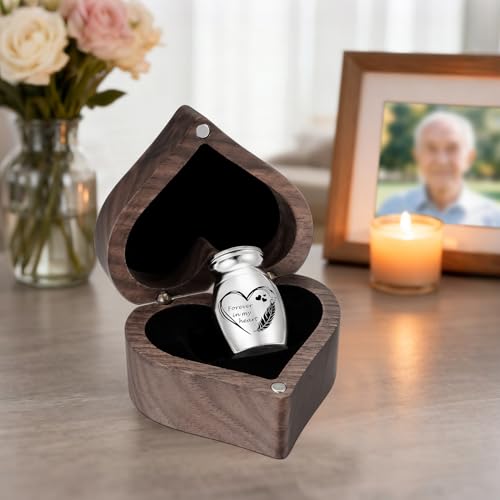 XIUDA Wooden Mini Memorial Small Urns for Ashes Stainless Steel Cremation Mini Urn with Black Walunt Box Funeral Heart Wings Keepsake Urn for Ashes