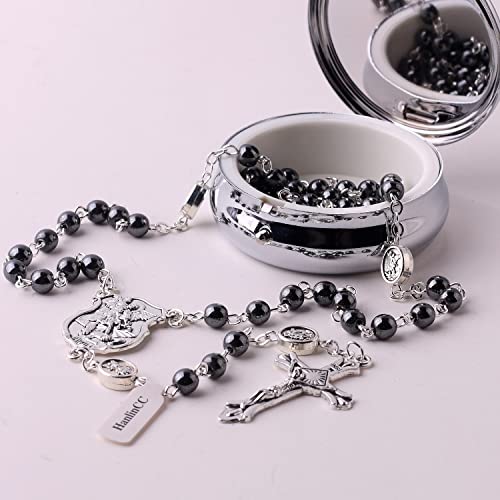 HanlinCC Catholic Rosary Saint Michael Hematite Bead Necklace with Gift Box