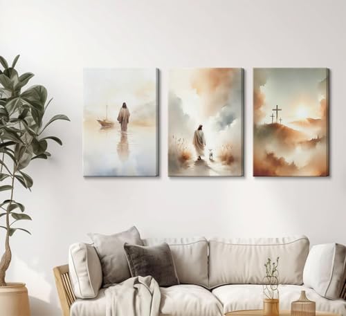 3 Pcs Framed Jesus Wall Art Jesus Walking on Water Canvas Wall Decor Leaves The 99 Sheep Pictures Prints Christian Posters for Living Room Bedroom Church Home Decorations Ready to Hang 12x16in Light Blue 12"W x 16"H