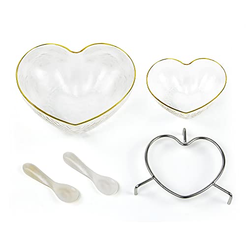 DUEBEL Glass Caviar Dish, Gold-plating Edge Heart Shape Caviar Server Set Plus 2 pcs. x Mother of Pearl Spoon – Caviar Chiller, Shrimp Serving Chiller for Bar, Restaurant, Catering Events