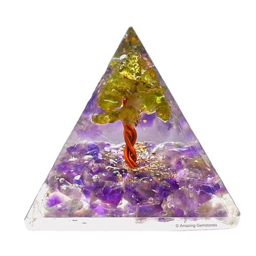 Amazing Gemstone Amethyst with Peridot Tree Orgone Pyramid - 30mm Small Orgonite Pyramids with Crystals and Healing Stones - Authentic Organite Gifts Orgonite Pyramid - 30mm