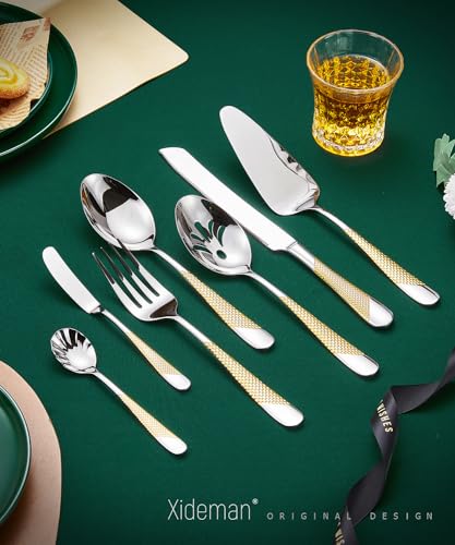 Xideman 7-piece gold stainless steel hammered serving utensil set includes spoons, tongs, and serving forks for elegant dining.