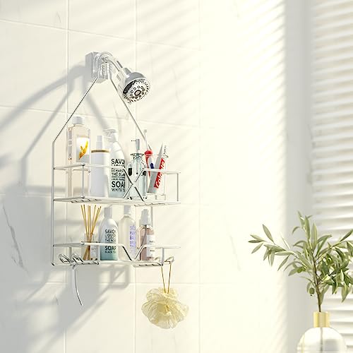 TreeLen rustproof stainless steel hanging shower caddy with 2 shelves and 4 hooks, non-slip silver bathroom organizer.