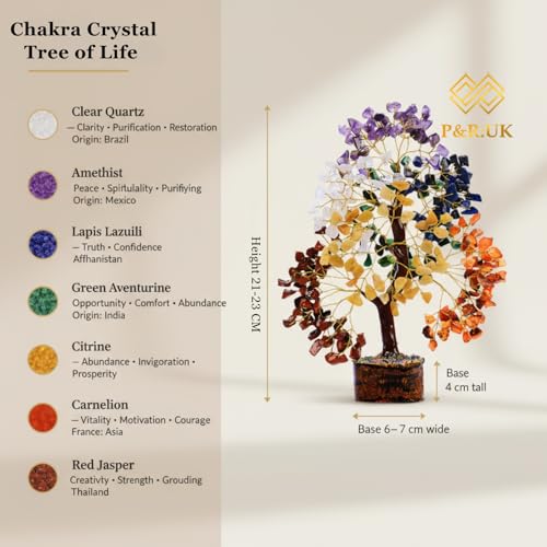 7 Chakra Crystal Tree of Life | Gemstone Bonsai Tree Gift for Women & Men | Feng Shui Home Decor for Office Desk & Living Room | Housewarming & Birthday Gift | 10–12 Inch Crystal Tree 7 Chakra – Golden Wire