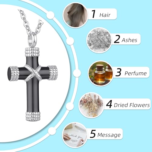 Rope Winding Cross Urn Necklaces for Ashes Cremation Jewelry Pendant Necklace Memorial Keepsake Jewelry Cross Ashes Pendant Silver-Black