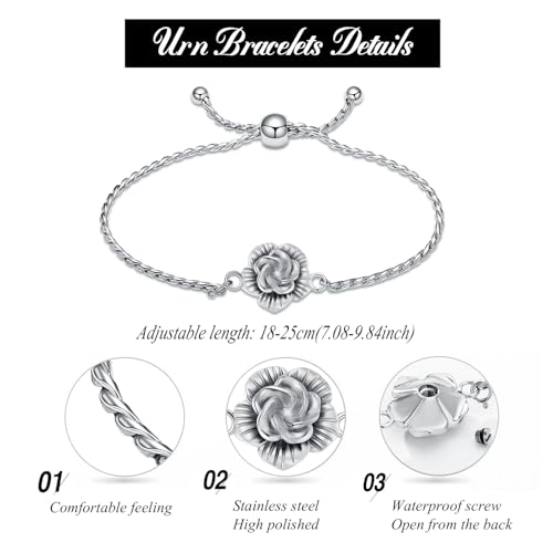 Roseflower Urn Bracelet for Ashes for Women Adjustable Bangle for Ash Hold Silver