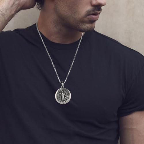 HZMAN Saint Benedict Medal Necklace for Men, Stainless Steel Vintage Matte Religious Pendant, 22"+2" Adjustable Chain Christian Faith Protection Jewelry for Men
