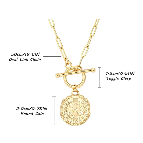 SOFYBJA Saint Benedict Necklace Drop 18K Gold Toggle Medallion Coin Cross Pendant Necklaces Religious Jewelry Catholic Gift for Women St Benedict Medal