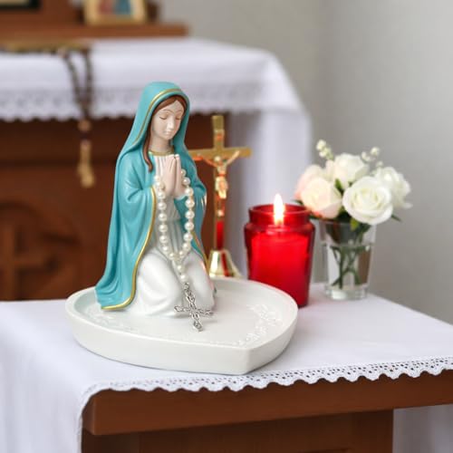 Mother Mary Rosary Virgin Holder 5.9'' Blessed Statue, Our Lady Prayer Stand Figurine for Jewelry, Resin Sacred Sculptures, Religious Decoration, Ideal Catholic Gift, Home Decor & Personal Devotional