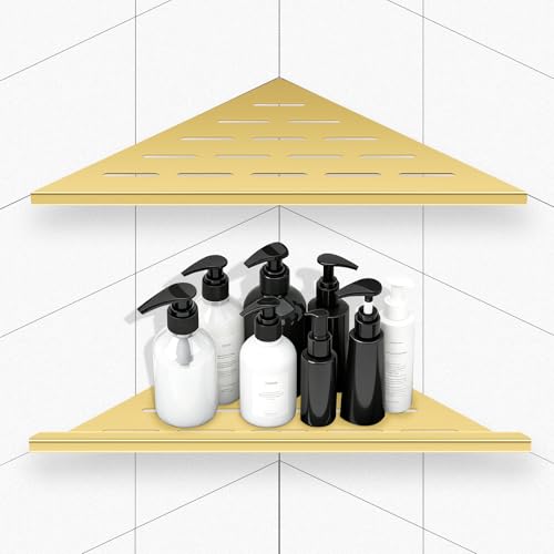 10'' Brushed Gold Corner Shower Shelves Bathroom Corner Shelf,304 Grade Stainless Steel Slot Design Recessed Corner Shelves Suitable for Tiled Wall,2-Pack