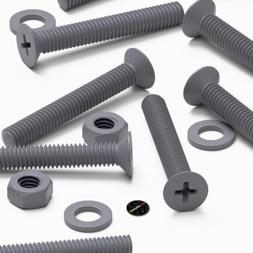20x Grey PP Countersunk Plastic Screws & Bolts M6 x 40mm, Nuts & Washers