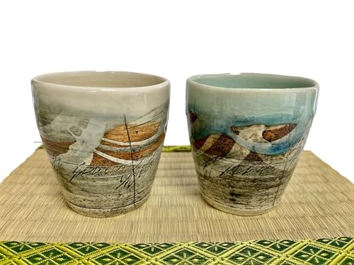 Hand-made Japanese Ceramic Yunomi Tea cups Set, Versatile Cups Engraved with Lines Pattern Blue and White for Hot Green Tea, Sake, Set of 2 from Japan M58456