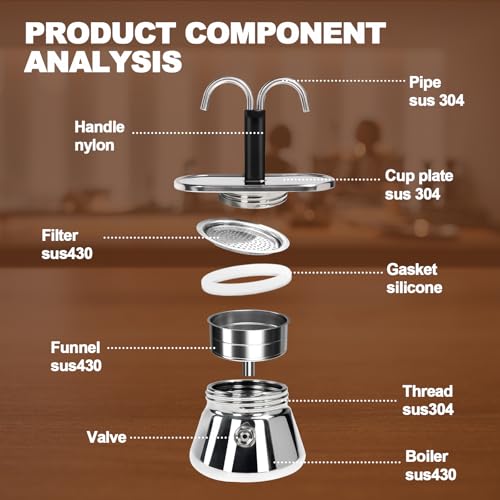 2 Cup Dual Pipe Moka Pot Stainless Steel Stovetop Espresso Maker Cafeteras Italian Percolator Espress Makers Capable Greca Mocha Coffee Machine for Induction Home 150ml 5.1oz 2 Cup