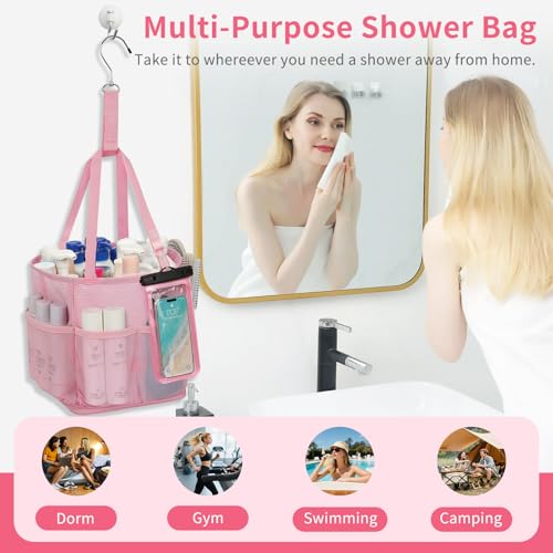 Mesh Shower Caddy Portable for College Dorm Room Essentials, Hanging Shower Caddy with Waterproof Phone Pouch, Large Capacity Shower Bag Basket Tote for Bathroom, Gym, Camping, Swimming, Beach, Pink 04-Pink with Phone Pouch
