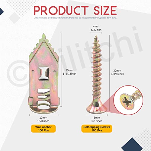 Hilitchi self-drilling metal drywall anchors with screws, 100 anchors and 100 screws, 12 x 30mm