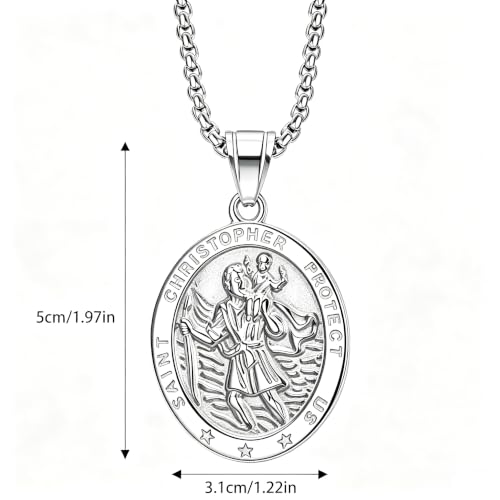 Mens Silver St Christopher Necklace with Adjustable Chain, Travel Amulet